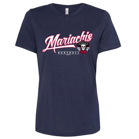 Navy blue t-shirt with 'Mariachis Baseball' text and logo on a white background